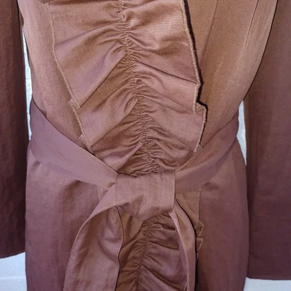 Samuel Dong Brown Ruffle Rosette Bubble Hem Trench Coat Jacket Womens Small - Picture 8 of 10